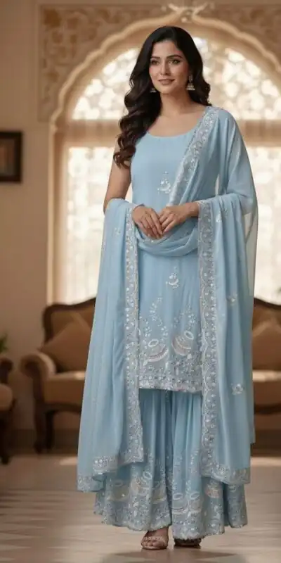 Sky Blue Peach Georgette Embroidery Work Salwar Suit | Jump Suits, Salwar suit, Casual Suits, Creative suits, Designer Suits, Palazzo Suits, Party Wear Suits, Patiala Suits, Straight Suits