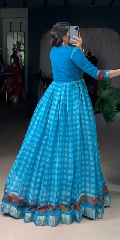 Sky Blue Polyester Viscose Chanderi Gown | Gowns, Bollywood Gowns, Creative Gowns, Designer Gowns, Embroidered Gowns, Party Wear Gowns