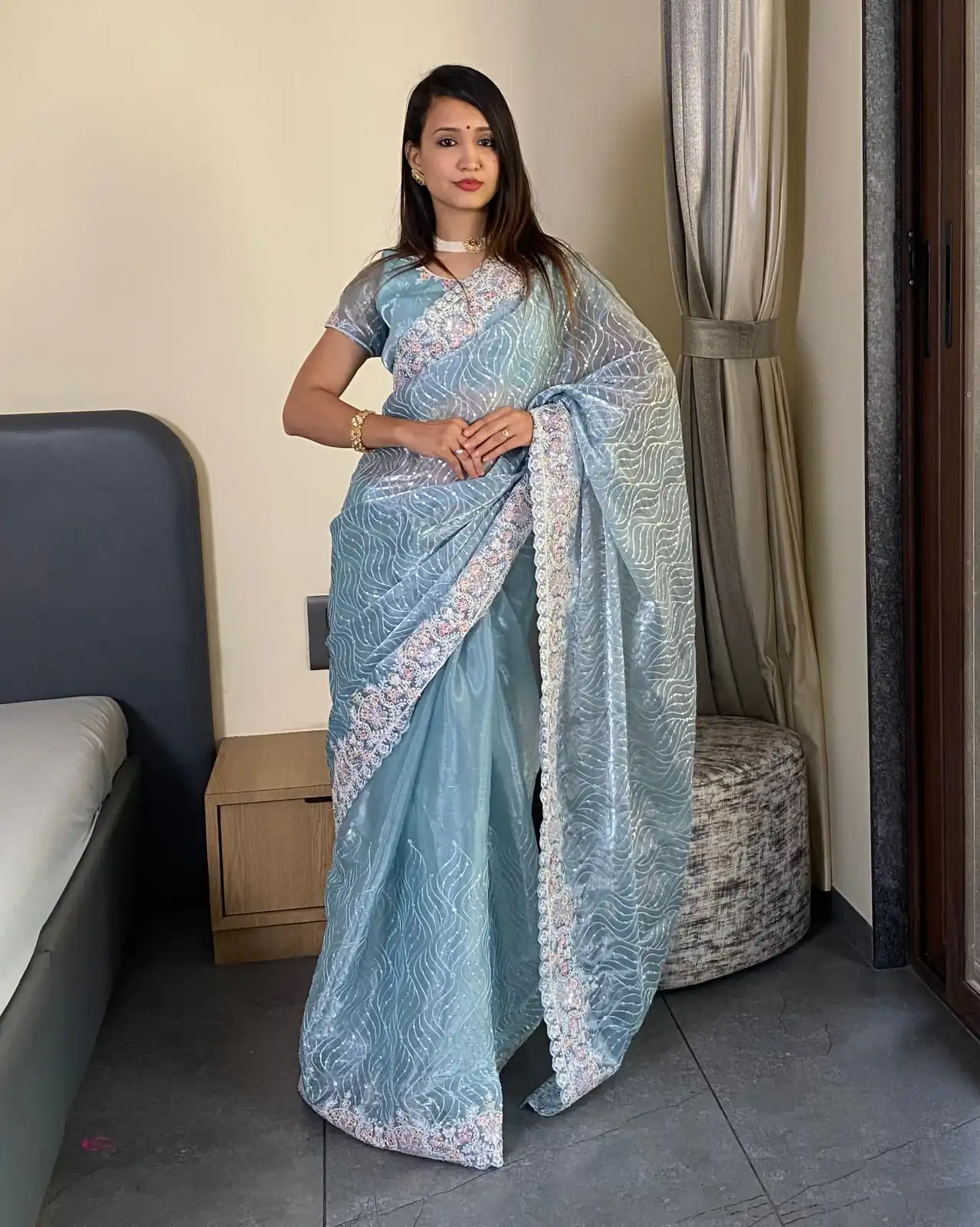 Sky Blue Premium Barbari Silk Zari Work Saree | Sarees, Bollywood Sarees, Creative Sarees, Designer Sarees, Embroidered Sarees, Ethnic Saree, Modern Digital sarees, Party Wear Sarees