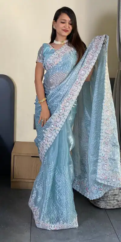 Sky Blue Premium Barbari Silk Zari Work Saree | Sarees, Bollywood Sarees, Creative Sarees, Designer Sarees, Embroidered Sarees, Ethnic Saree, Modern Digital sarees, Party Wear Sarees