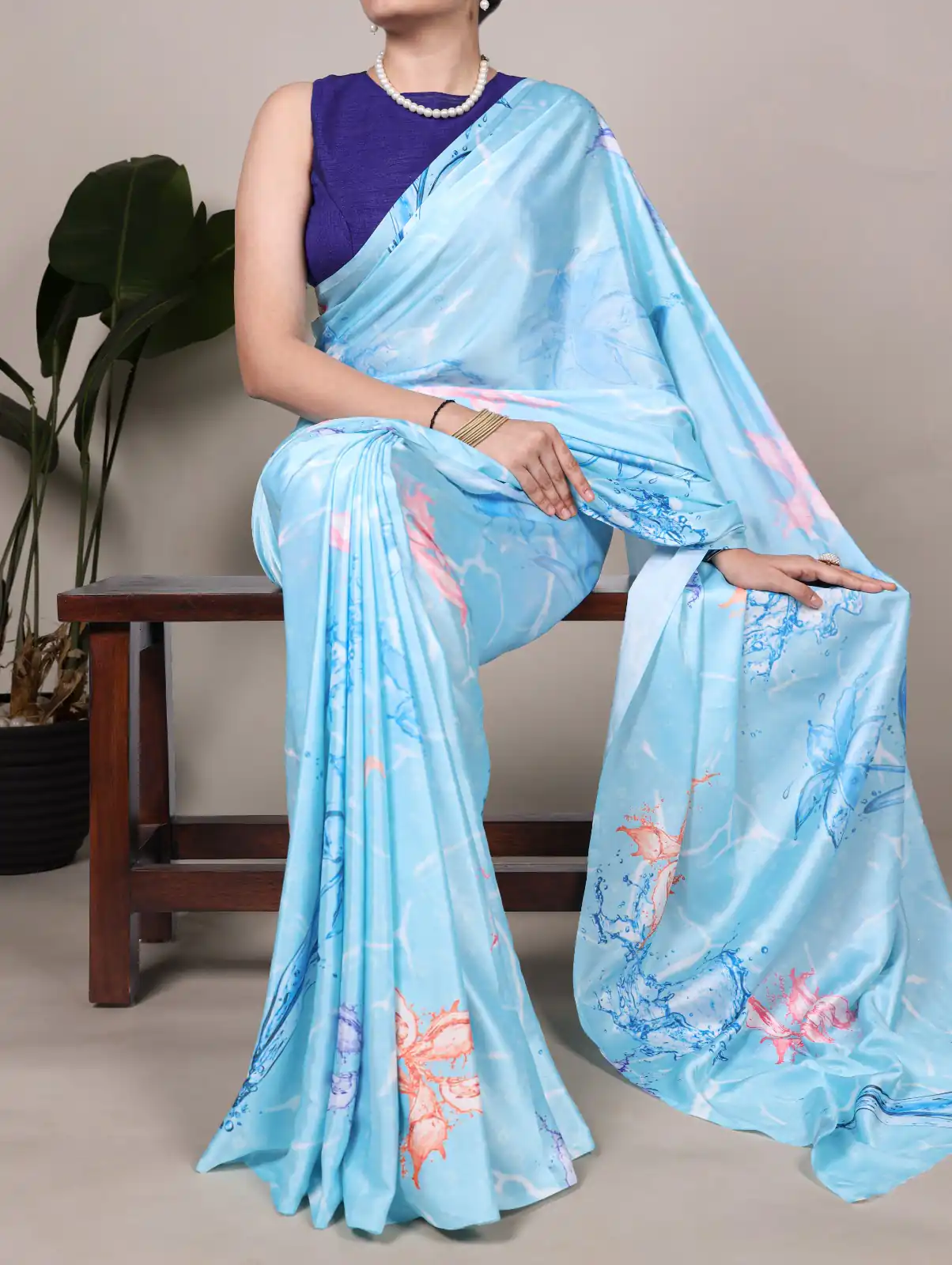 Sky Blue Satin Silk Printed Saree | Sarees, Bollywood Sarees, Creative Sarees, Designer Sarees, Embroidered Sarees, Ethnic Saree, Modern Digital sarees, Party Wear Sarees