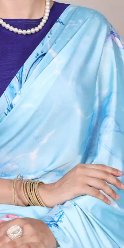 Sky Blue Satin Silk Printed Saree | Sarees, Bollywood Sarees, Creative Sarees, Designer Sarees, Embroidered Sarees, Ethnic Saree, Modern Digital sarees, Party Wear Sarees