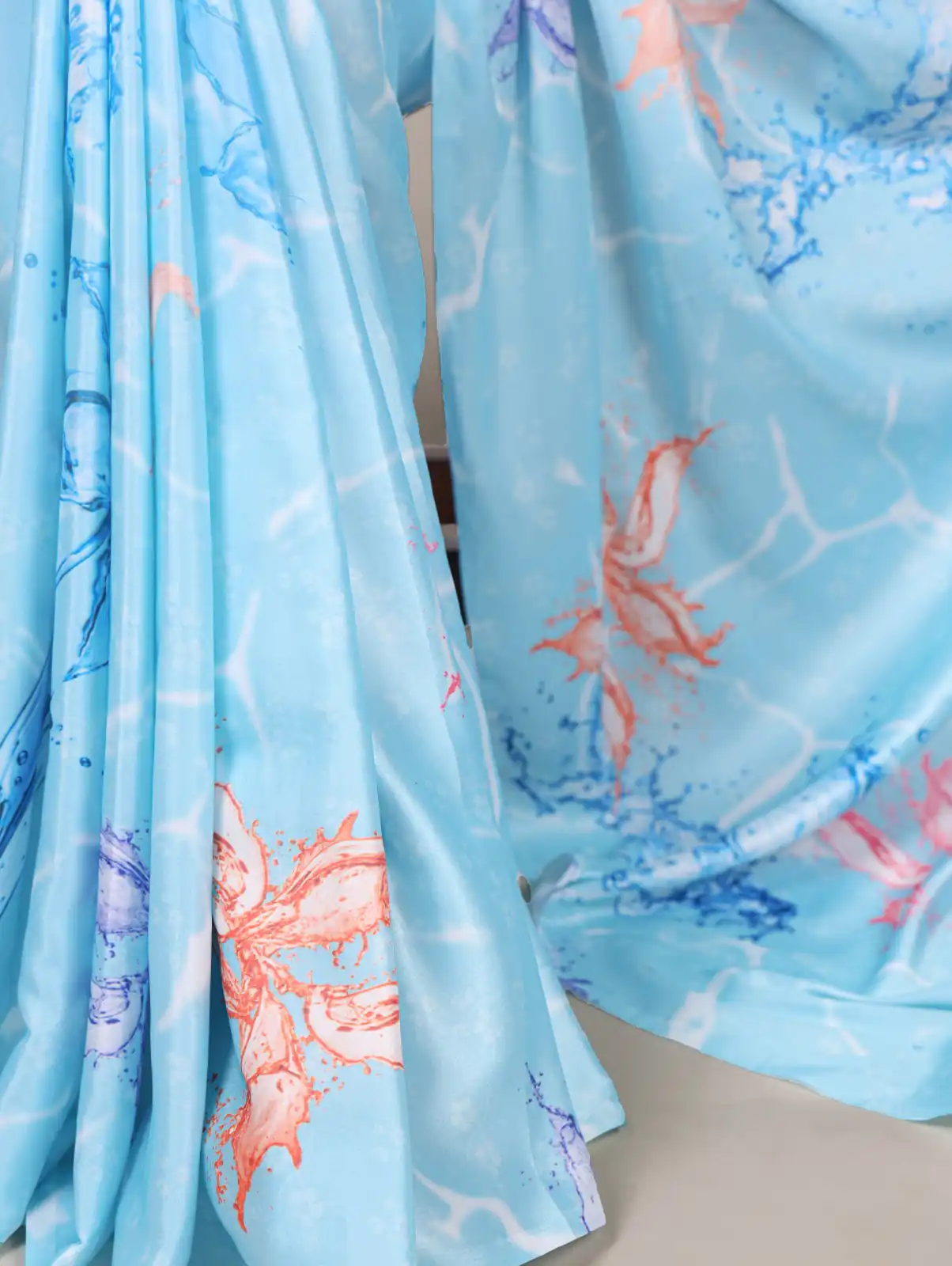 Sky Blue Satin Silk Printed Saree | Sarees, Bollywood Sarees, Creative Sarees, Designer Sarees, Embroidered Sarees, Ethnic Saree, Modern Digital sarees, Party Wear Sarees