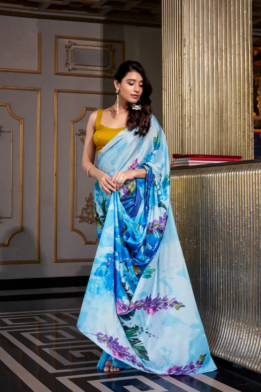 Sky Blue Satin Silk Printed Saree | Sarees, Bollywood Sarees, Creative Sarees, Designer Sarees, Embroidered Sarees, Ethnic Saree, Modern Digital sarees, Party Wear Sarees