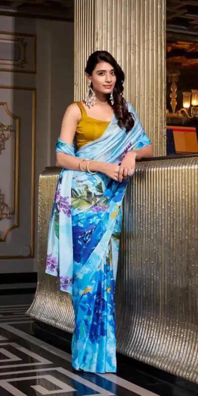 Sky Blue Satin Silk Printed Saree | Sarees, Bollywood Sarees, Creative Sarees, Designer Sarees, Embroidered Sarees, Ethnic Saree, Modern Digital sarees, Party Wear Sarees
