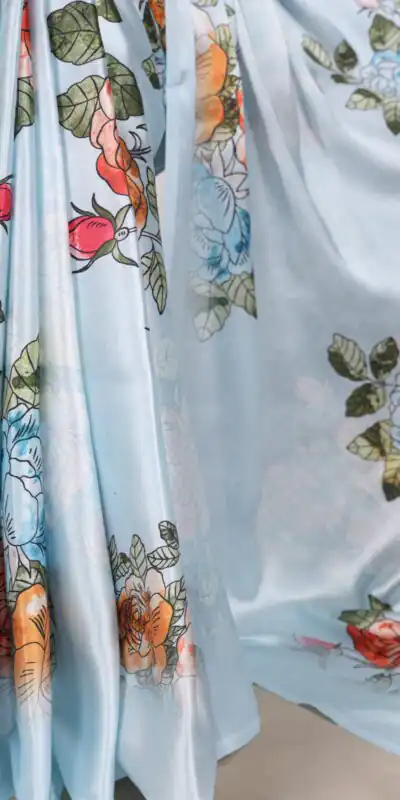 Sky Blue Satin Silk With Floral Printed Saree | Sarees, Bollywood Sarees, Creative Sarees, Designer Sarees, Embroidered Sarees, Ethnic Saree, Modern Digital sarees, Party Wear Sarees