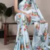 Sky Blue Satin Silk With Floral Printed Saree | Sarees, Bollywood Sarees, Creative Sarees, Designer Sarees, Embroidered Sarees, Ethnic Saree, Modern Digital sarees, Party Wear Sarees