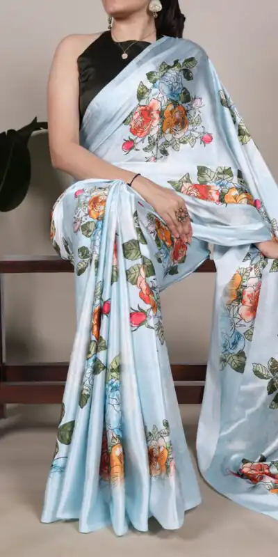 Sky Blue Satin Silk With Floral Printed Saree | Sarees, Bollywood Sarees, Creative Sarees, Designer Sarees, Embroidered Sarees, Ethnic Saree, Modern Digital sarees, Party Wear Sarees