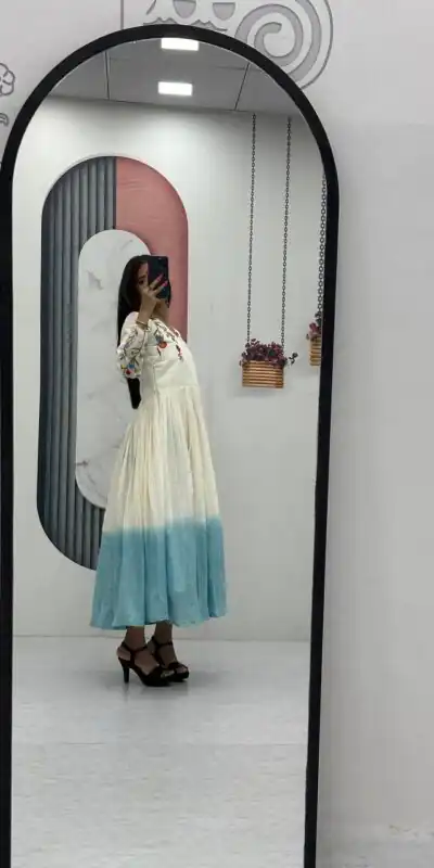 Sky Blue Soft Cotton Embroidery Work Gown | Gowns, Bollywood Gowns, Creative Gowns, Designer Gowns, Embroidered Gowns, Party Wear Gowns