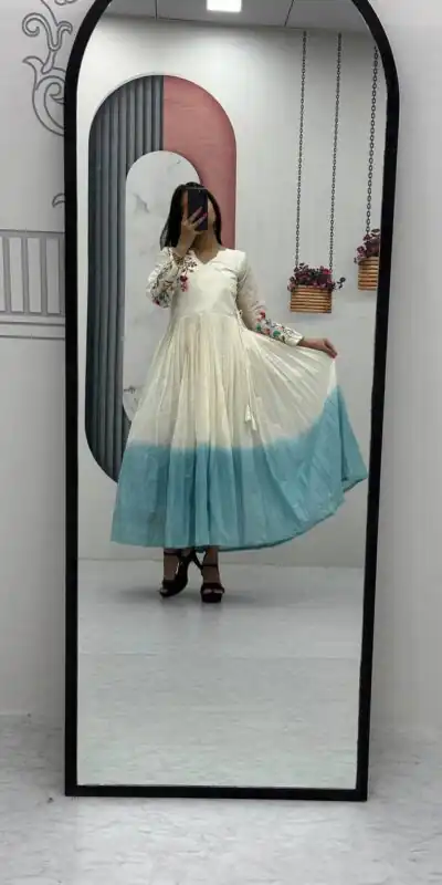 Sky Blue Soft Cotton Embroidery Work Gown | Gowns, Bollywood Gowns, Creative Gowns, Designer Gowns, Embroidered Gowns, Party Wear Gowns