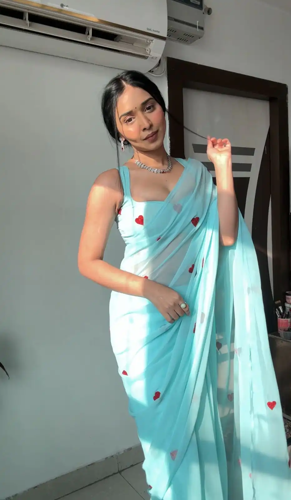 Sky Blue Soft Georgette Silk With Embroidery Red Heart Design Saree | Sarees, Bollywood Sarees, Creative Sarees, Designer Sarees, Embroidered Sarees, Ethnic Saree, Modern Digital sarees, Party Wear Sarees