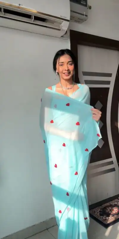 Sky Blue Soft Georgette Silk With Embroidery Red Heart Design Saree | Sarees, Bollywood Sarees, Creative Sarees, Designer Sarees, Embroidered Sarees, Ethnic Saree, Modern Digital sarees, Party Wear Sarees