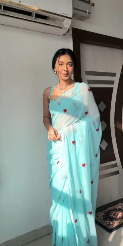 Sky Blue Soft Georgette Silk With Embroidery Red Heart Design Saree | Sarees, Bollywood Sarees, Creative Sarees, Designer Sarees, Embroidered Sarees, Ethnic Saree, Modern Digital sarees, Party Wear Sarees