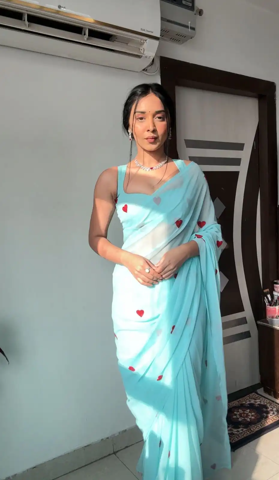 Sky Blue Soft Georgette Silk With Embroidery Red Heart Design Saree | Sarees, Bollywood Sarees, Creative Sarees, Designer Sarees, Embroidered Sarees, Ethnic Saree, Modern Digital sarees, Party Wear Sarees