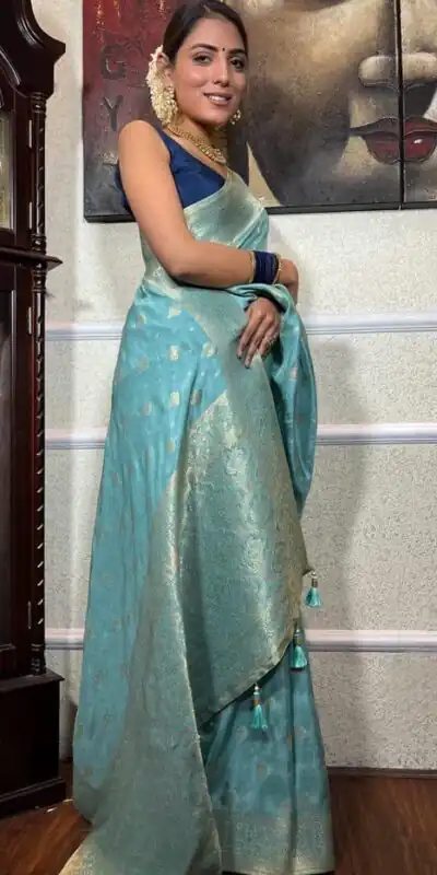 Sky Blue Soft Lichi Silk Border Jacquard Work Saree | Sarees, Bollywood Sarees, Creative Sarees, Designer Sarees, Embroidered Sarees, Ethnic Saree, Modern Digital sarees, Party Wear Sarees