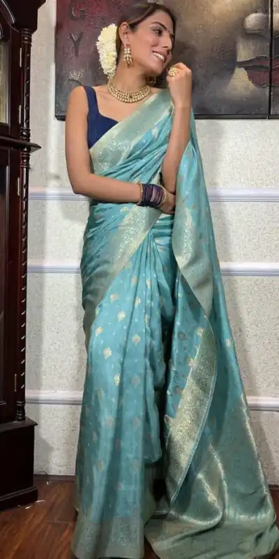 Sky Blue Soft Lichi Silk Border Jacquard Work Saree | Sarees, Bollywood Sarees, Creative Sarees, Designer Sarees, Embroidered Sarees, Ethnic Saree, Modern Digital sarees, Party Wear Sarees