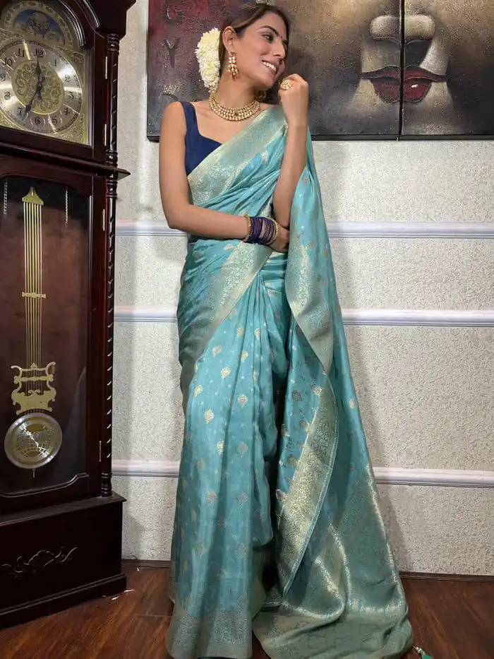 Sky Blue Soft Lichi Silk Border Jacquard Work Saree | Sarees, Bollywood Sarees, Creative Sarees, Designer Sarees, Embroidered Sarees, Ethnic Saree, Modern Digital sarees, Party Wear Sarees