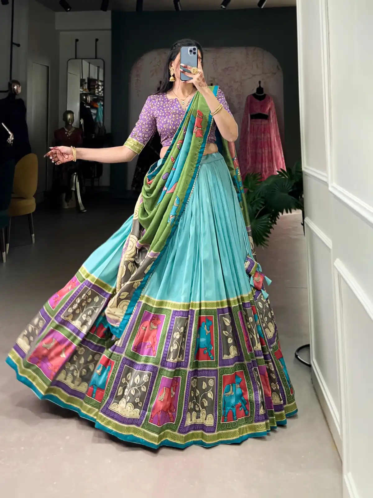 Sky Blue Tasar Kalamkari Lehenga Choli | Lehenga, Bollywood Lehenga, Creative Lehenga, Designer Lehenga, Embroidered Lehenga, Party Wear Lehenga