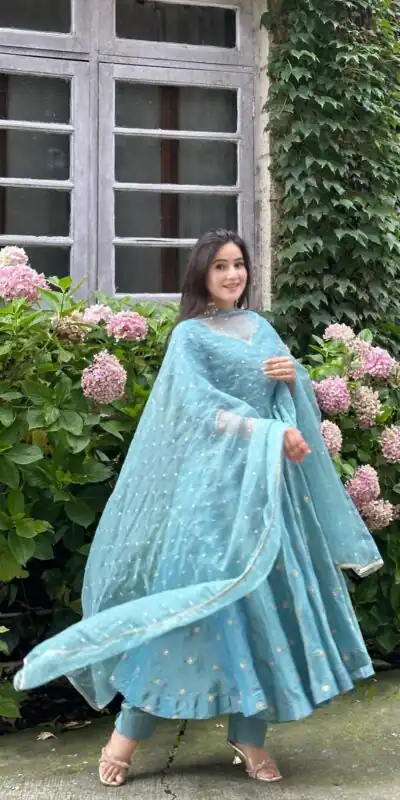Solid Sky Blue Vichitra Silk Sequence Work Gown | Gowns, Bollywood Gowns, Creative Gowns, Designer Gowns, Embroidered Gowns, Party Wear Gowns