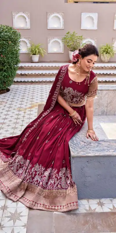 Special Maroon Vichitra Silk Thread Work Lehenga Choli | Lehenga, Bollywood Lehenga, Creative Lehenga, Designer Lehenga, Embroidered Lehenga, Party Wear Lehenga