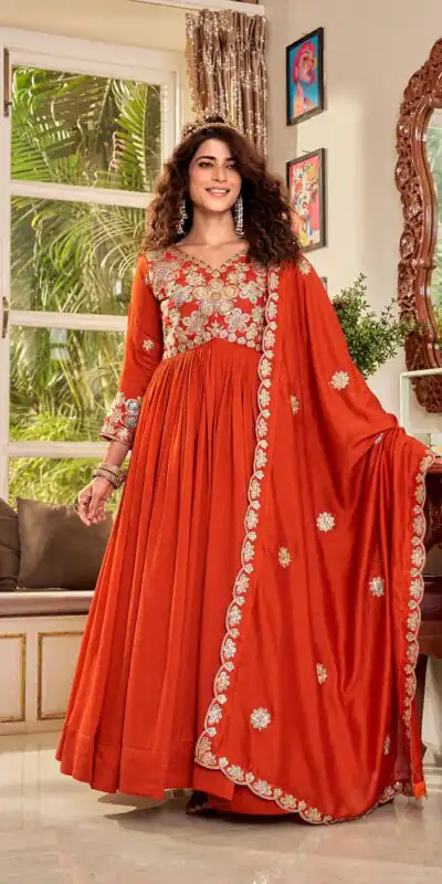Ram 176 Orange Vichitra Silk Gown Perfect for Wedding, Party, Holi, Anniversary, Mehendi β. Grab it for βΉ2049. Delivery 4-6 Working Days. Shop now. | Gowns, Bollywood Gowns, Creative Gowns, Designer Gowns, Embroidered Gowns, Party Wear Gowns