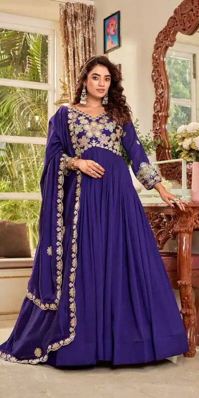 Ram 176 Purple Vichitra Silk Gown Perfect for Wedding, Party, Holi, Anniversary, Mehendi β. Grab it for βΉ2049. Delivery 4-6 Working Days. Shop now. | Gowns, Bollywood Gowns, Creative Gowns, Designer Gowns, Embroidered Gowns, Party Wear Gowns
