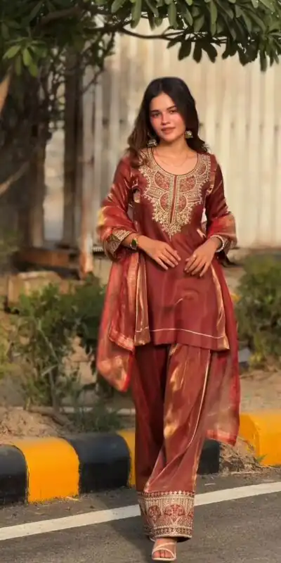 NF 1285 Rust Fandy Silk Salwar Suit with Lace Work & Embroidery Work. Introductory Price ₹2149. Delivery 4-6 Working Days. Shop now. | Jump Suits, Salwar suit, Casual Suits, Creative suits, Designer Suits, Palazzo Suits, Party Wear Suits, Patiala Suits, Straight Suits