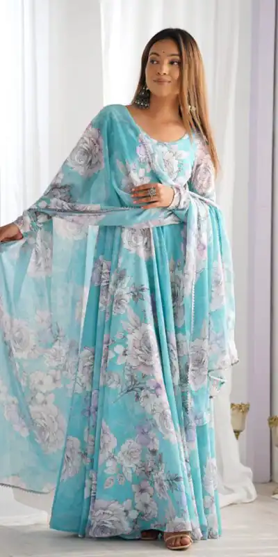 Stunning Sky Blue Fox Georgette Floral Printed Gown | Gowns, Bollywood Gowns, Creative Gowns, Designer Gowns, Embroidered Gowns, Party Wear Gowns