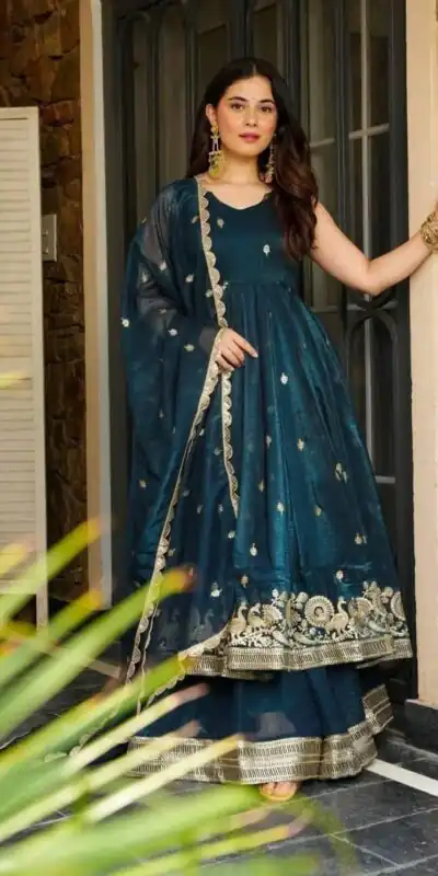 Stunning Teal Gold Crazy Embroidery Work Salwar Suit | Jump Suits, Salwar suit, Casual Suits, Creative suits, Designer Suits, Palazzo Suits, Party Wear Suits, Patiala Suits, Straight Suits