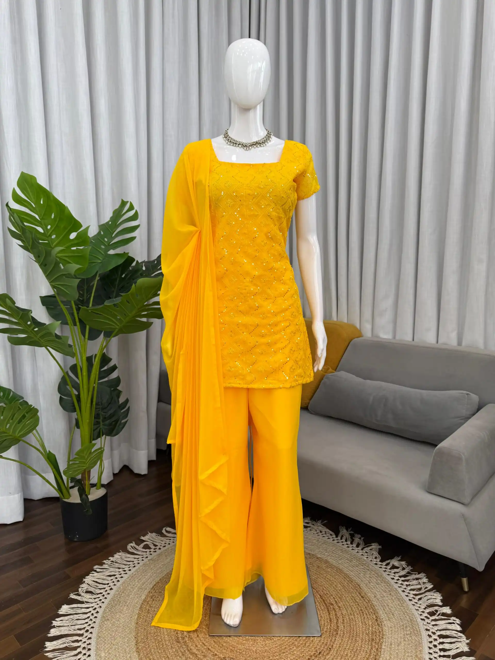 Super Yellow Faux Georgette Thread Work Salwar Suit | Jump Suits, Salwar suit, Casual Suits, Creative suits, Designer Suits, Palazzo Suits, Party Wear Suits, Patiala Suits, Straight Suits