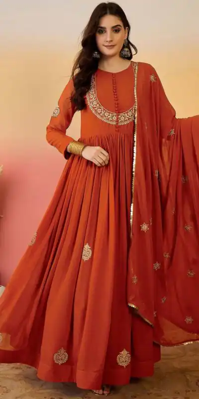 Superb Rust Fox Blooming Georgette Lace Work Gown | Gowns, Bollywood Gowns, Creative Gowns, Designer Gowns, Embroidered Gowns, Party Wear Gowns