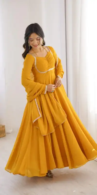 Superb Yellow Fox Blooming Georgette Lace Work Gown | Gowns, Bollywood Gowns, Creative Gowns, Designer Gowns, Embroidered Gowns, Party Wear Gowns