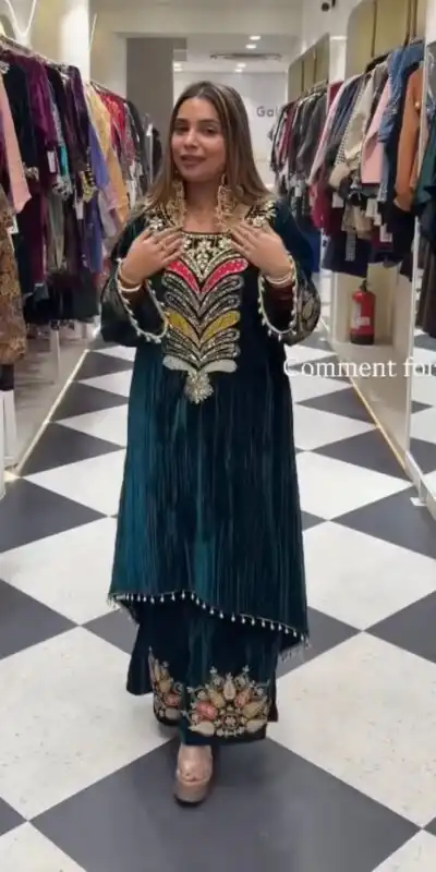 Teal 9000 Velvet Lace Embroidery Work Salwar Suit | Jump Suits, Salwar suit, Casual Suits, Creative suits, Designer Suits, Palazzo Suits, Party Wear Suits, Patiala Suits, Straight Suits