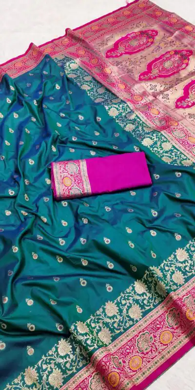 Teal Banarasi Silk Gold Zari Border Saree | Sarees, Bollywood Sarees, Creative Sarees, Designer Sarees, Embroidered Sarees, Ethnic Saree, Modern Digital sarees, Party Wear Sarees