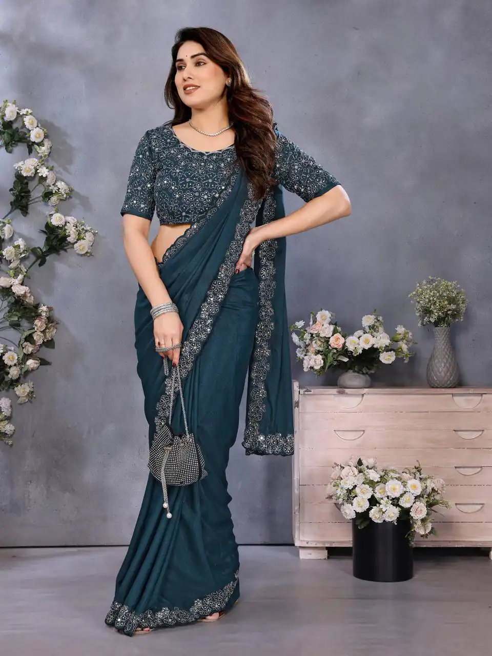Teal Blue Star Georgette Silk Embroidery Work Saree | Sarees, Bollywood Sarees, Creative Sarees, Designer Sarees, Embroidered Sarees, Ethnic Saree, Modern Digital sarees, Party Wear Sarees