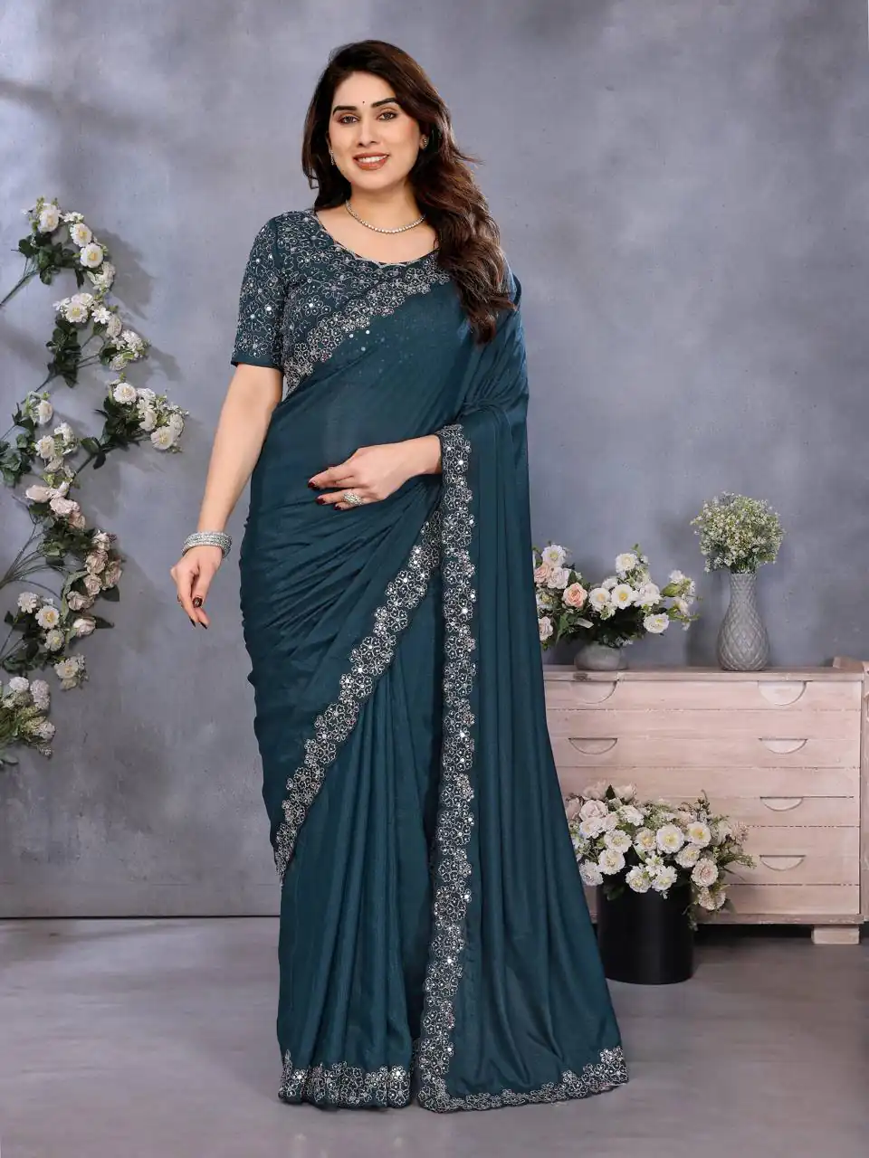 Teal Blue Star Georgette Silk Embroidery Work Saree | Sarees, Bollywood Sarees, Creative Sarees, Designer Sarees, Embroidered Sarees, Ethnic Saree, Modern Digital sarees, Party Wear Sarees