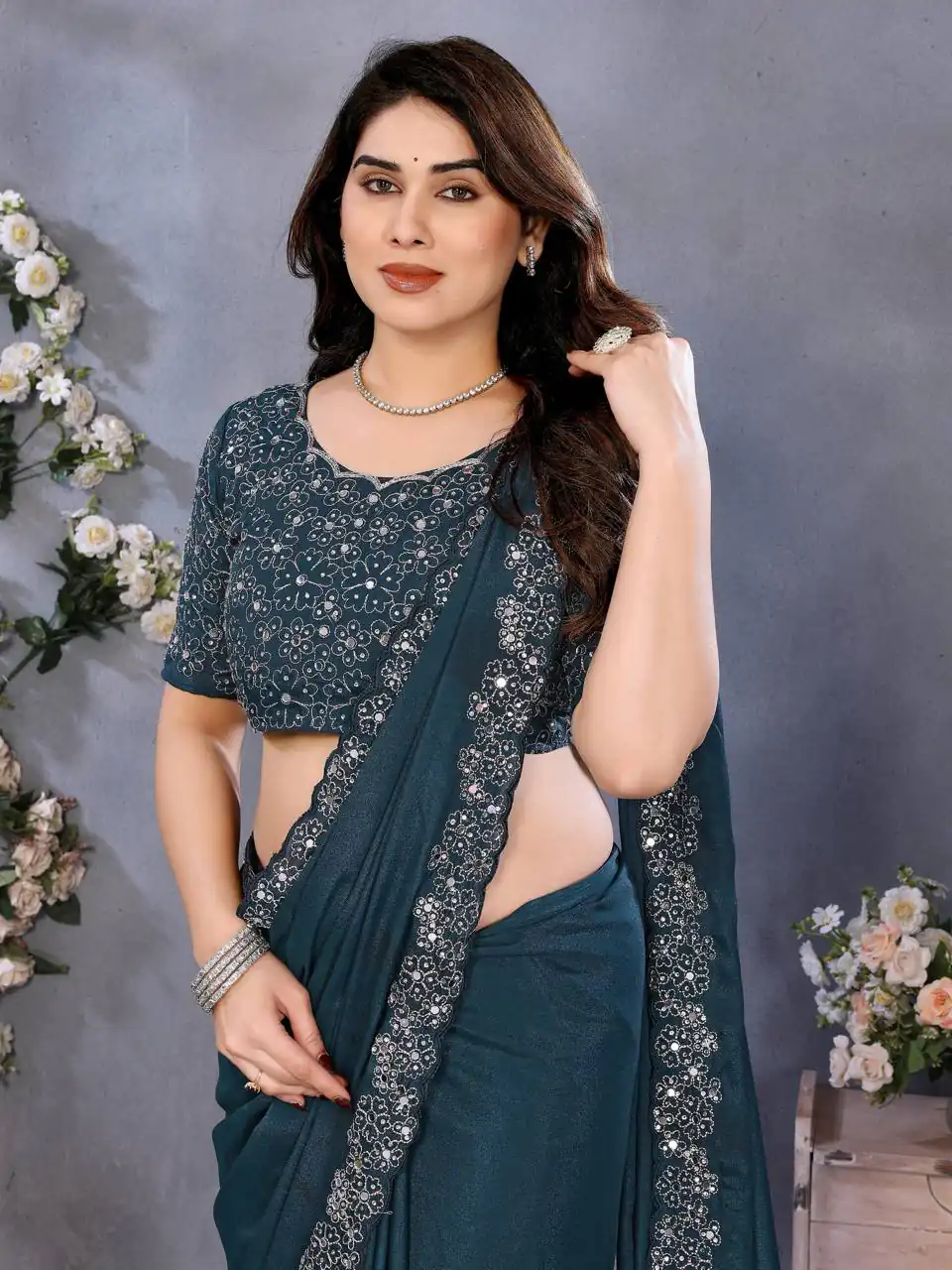 Teal Blue Star Georgette Silk Embroidery Work Saree | Sarees, Bollywood Sarees, Creative Sarees, Designer Sarees, Embroidered Sarees, Ethnic Saree, Modern Digital sarees, Party Wear Sarees