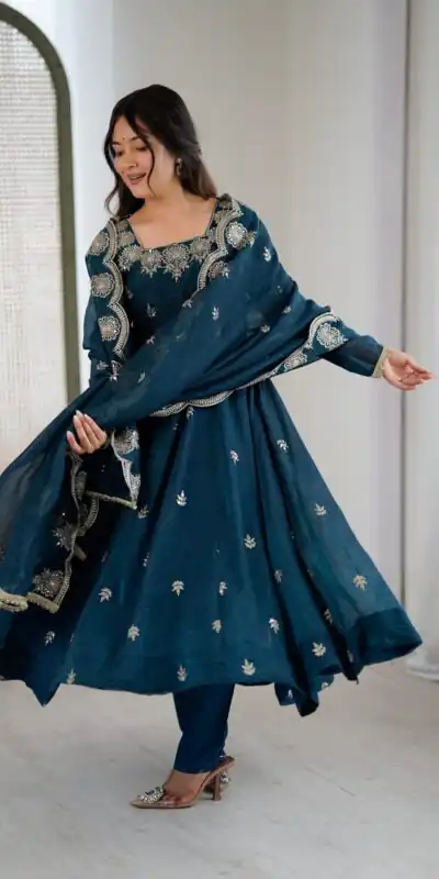 Teal Crunchy Silk Embroidery Work Gown | Gowns, Bollywood Gowns, Creative Gowns, Designer Gowns, Embroidered Gowns, Party Wear Gowns
