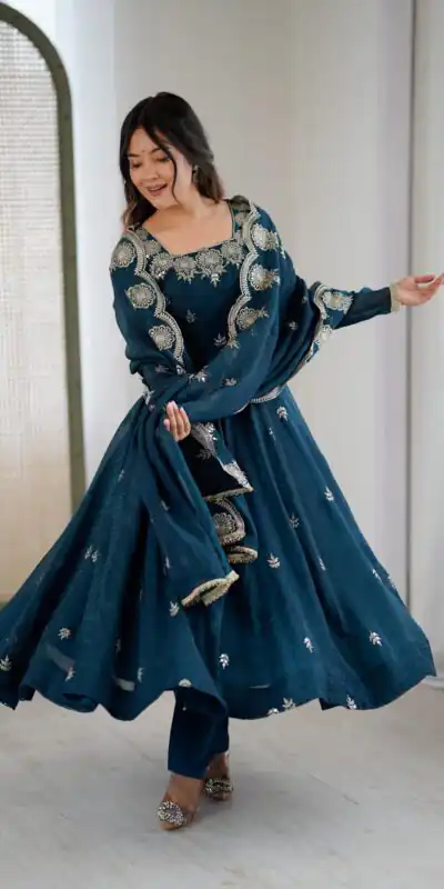 Teal Crunchy Silk Embroidery Work Gown | Gowns, Bollywood Gowns, Creative Gowns, Designer Gowns, Embroidered Gowns, Party Wear Gowns
