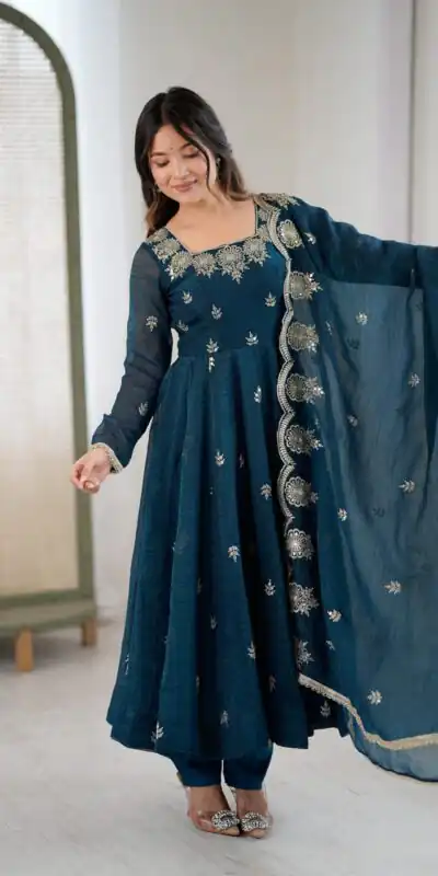 Teal Crunchy Silk Embroidery Work Gown | Gowns, Bollywood Gowns, Creative Gowns, Designer Gowns, Embroidered Gowns, Party Wear Gowns