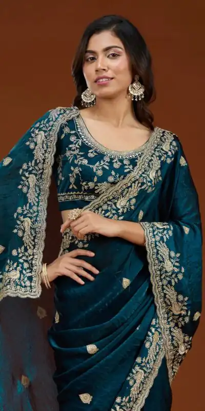Teal Fandy Satin Silk Embroidery Work Saree | Sarees, Bollywood Sarees, Creative Sarees, Designer Sarees, Embroidered Sarees, Ethnic Saree, Modern Digital sarees, Party Wear Sarees