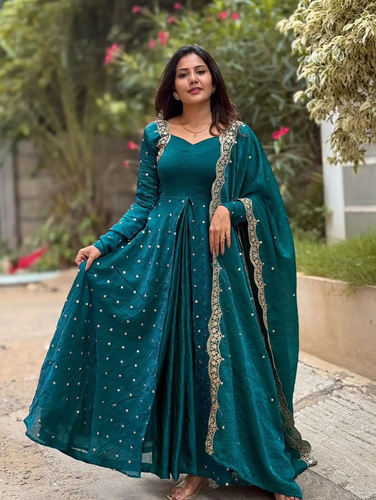 Teal Fandy Silk With Sequence Gown | Gowns, Bollywood Gowns, Creative Gowns, Designer Gowns, Embroidered Gowns, Party Wear Gowns