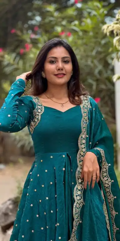 Teal Fandy Silk With Sequence Gown | Gowns, Bollywood Gowns, Creative Gowns, Designer Gowns, Embroidered Gowns, Party Wear Gowns
