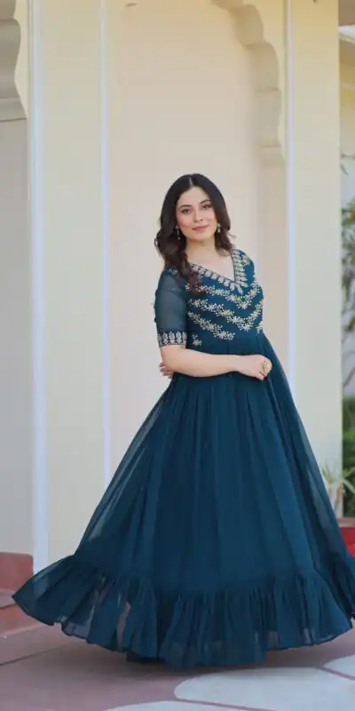 Teal Faux Blooming With Embroidery Work Gown | Gowns, Bollywood Gowns, Creative Gowns, Designer Gowns, Embroidered Gowns, Party Wear Gowns