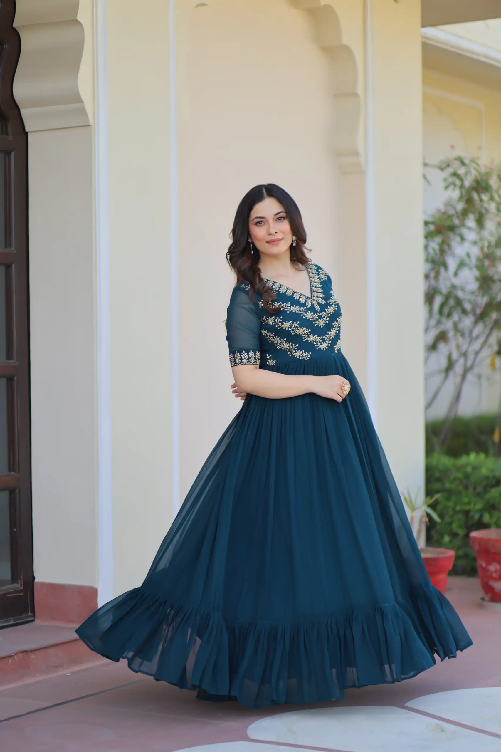Teal Faux Blooming With Embroidery Work Gown | Gowns, Bollywood Gowns, Creative Gowns, Designer Gowns, Embroidered Gowns, Party Wear Gowns