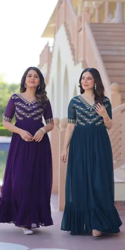 Teal Faux Blooming With Embroidery Work Gown | Gowns, Bollywood Gowns, Creative Gowns, Designer Gowns, Embroidered Gowns, Party Wear Gowns