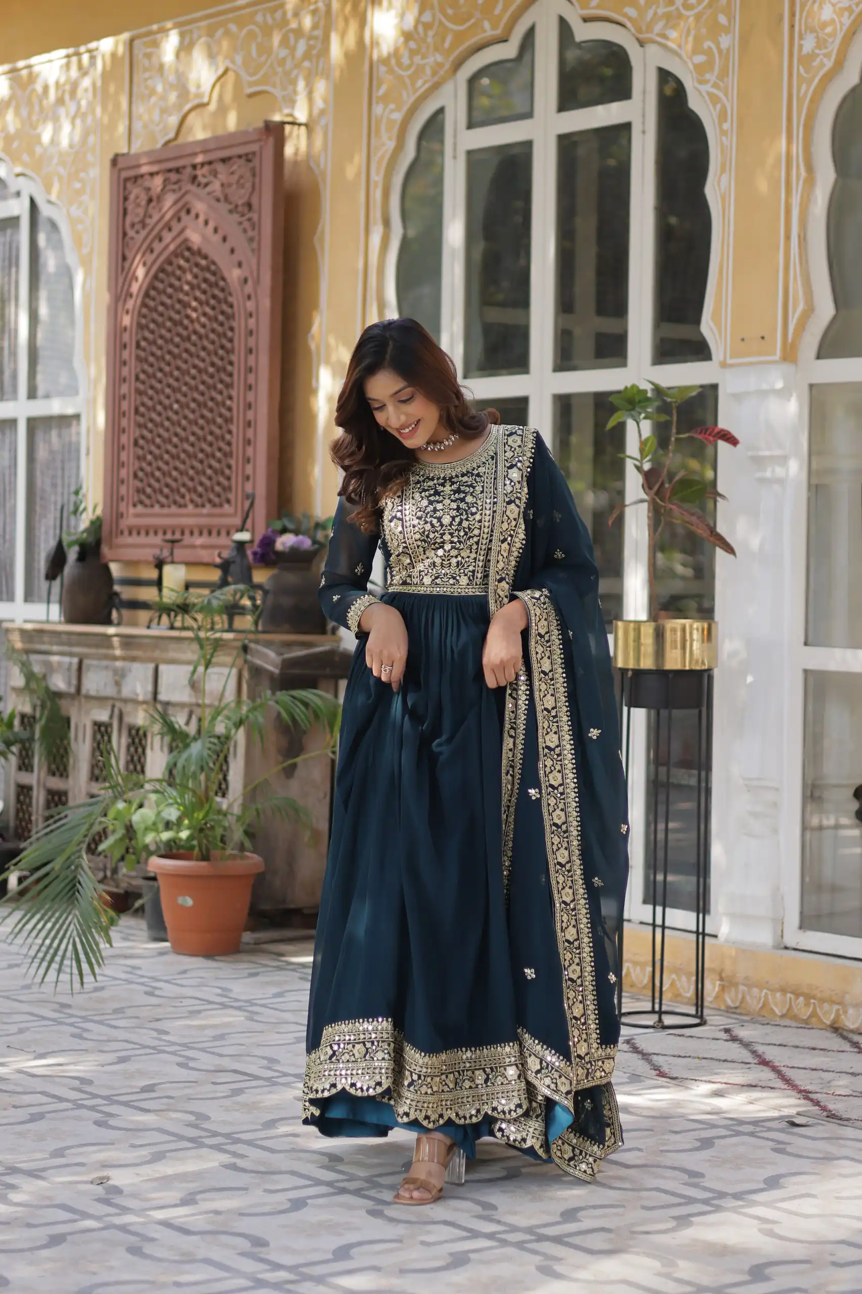 Teal Faux Blooming With Embroidery Zari Work Gown | Gowns, Bollywood Gowns, Creative Gowns, Designer Gowns, Embroidered Gowns, Party Wear Gowns