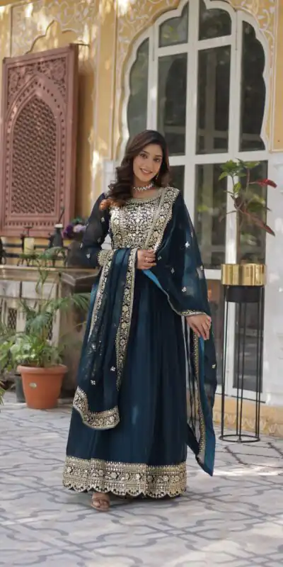 Teal Faux Blooming With Embroidery Zari Work Gown | Gowns, Bollywood Gowns, Creative Gowns, Designer Gowns, Embroidered Gowns, Party Wear Gowns