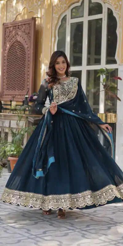 Teal Faux Blooming With Embroidery Zari Work Gown | Gowns, Bollywood Gowns, Creative Gowns, Designer Gowns, Embroidered Gowns, Party Wear Gowns