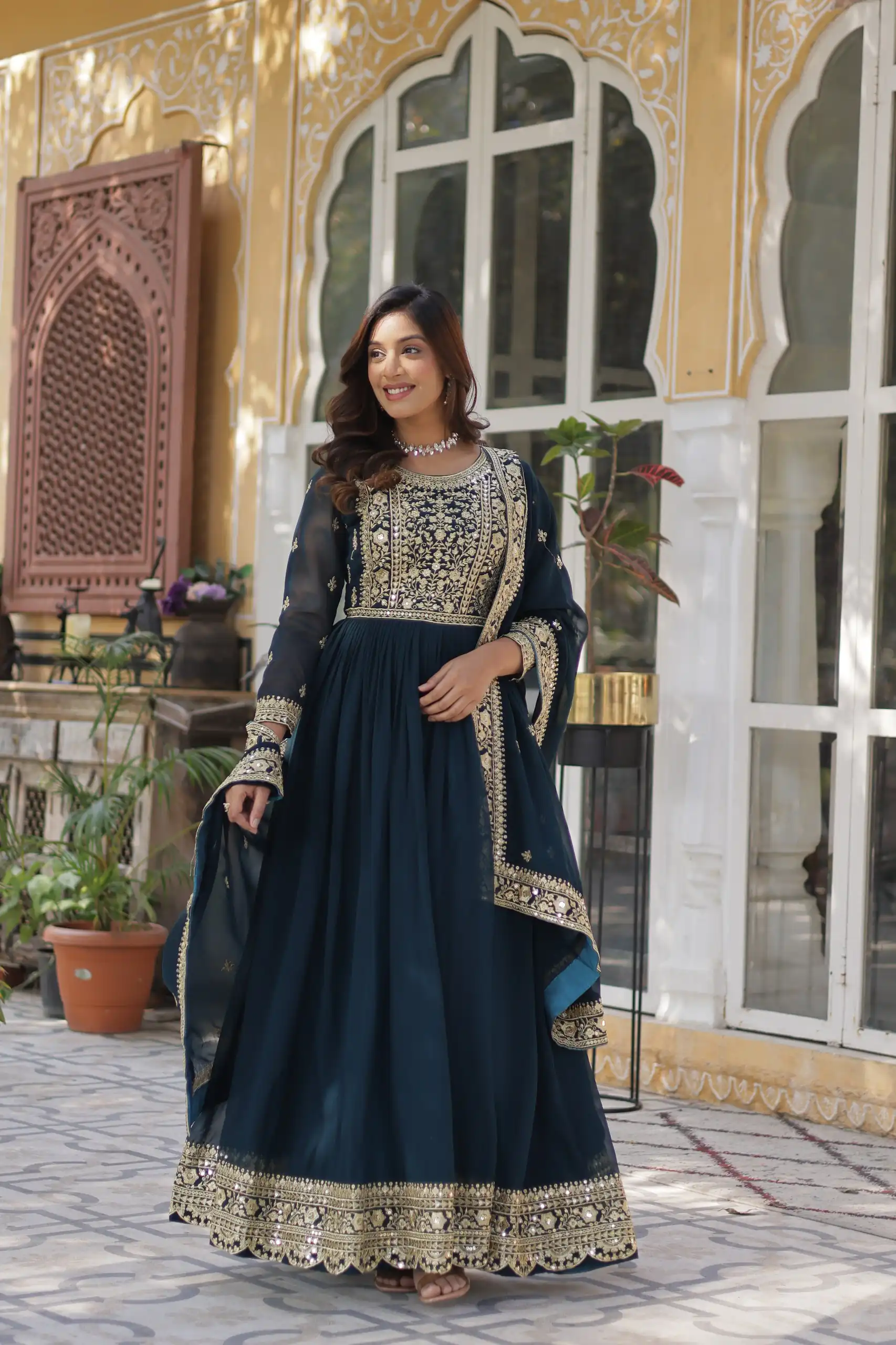 Teal Faux Blooming With Embroidery Zari Work Gown | Gowns, Bollywood Gowns, Creative Gowns, Designer Gowns, Embroidered Gowns, Party Wear Gowns